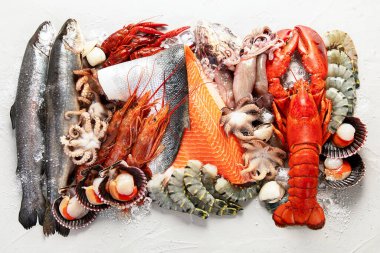 Taze çiğ balık ve deniz ürünleri çeşitleri. Sağlıklı ve dengeli diyet ya da yemek pişirme konsepti. Üst görünüm.