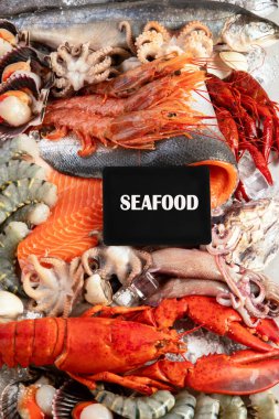 Taze çiğ balık ve deniz ürünleri çeşitleri. Sağlıklı ve dengeli diyet ya da yemek pişirme konsepti. Üst görünüm.