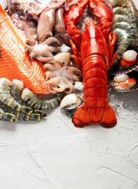 Taze çiğ balık ve deniz ürünleri çeşitleri. Sağlıklı ve dengeli diyet ya da yemek pişirme konsepti. Üst Manzara. Boşluğu kopyala.