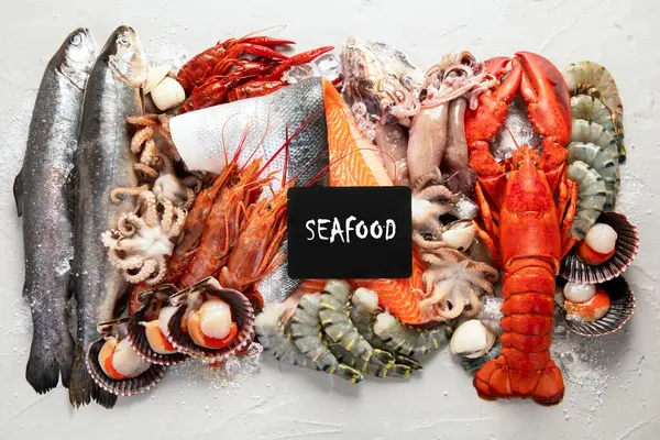 Taze Çiğ Balık Deniz Ürünleri Çeşitleri Sağlıklı Dengeli Diyet Yemek — Stok fotoğraf