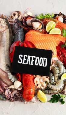 Taze çiğ balık ve deniz ürünleri çeşitleri. Sağlıklı ve dengeli diyet ya da yemek pişirme konsepti. Üst görünüm.