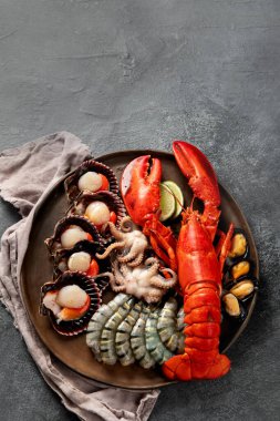 Taze ıstakoz, midye ve istiridye içeren deniz ürünleri tabağı. Karanlık bir arka planda okyanus gurmesi olarak. Üst Manzara. Boşluğu kopyala.