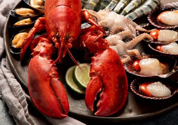 Taze ıstakoz, midye ve istiridye içeren deniz ürünleri tabağı. Karanlık bir arka planda okyanus gurmesi olarak. Üst görünüm.