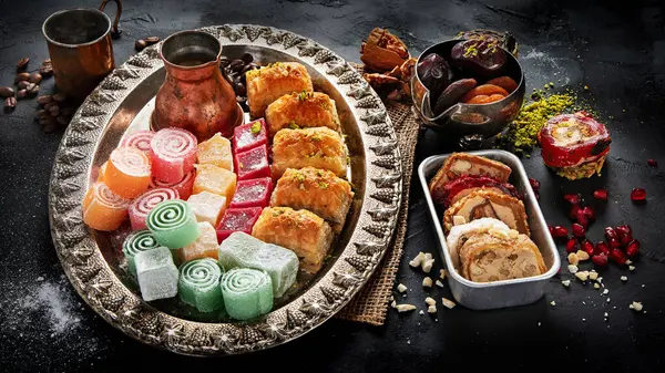 Geleneksel Türk Pastası Pistachio Dry Baklava kahve ve lezzetlerle. Kutlamaların kavramsal görüntüsü. Üst görünüm.
