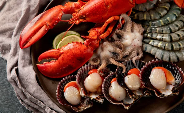 Taze ıstakoz, midye ve istiridye içeren deniz ürünleri tabağı. Karanlık bir arka planda okyanus gurmesi olarak. Üst görünüm.