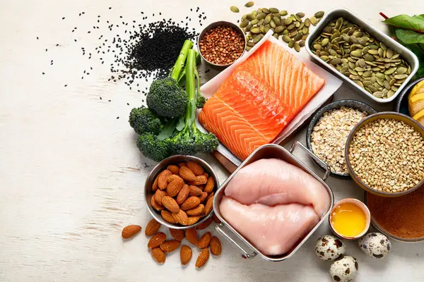 Levensmiddelen Die Natuurlijk Magnesium Bevatten Gezond Voedsel Concept Bovenaanzicht Kopieer — Stockfoto