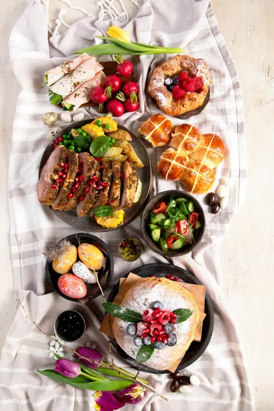 Cheerful Easter Table Traditional Food Event Holiday Concept Top View — Stock Photo, Image