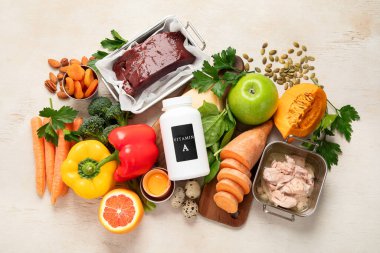 A vitamini seti. Sağlıklı kavram. Üst görünüm