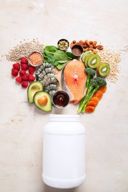 E vitamini içeren sağlıklı yiyecek seti. Üst görünüm