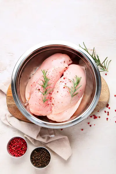 Chicken Breast Raw Rosemary Red Pepper Wooden Background Top View — Stock Photo, Image