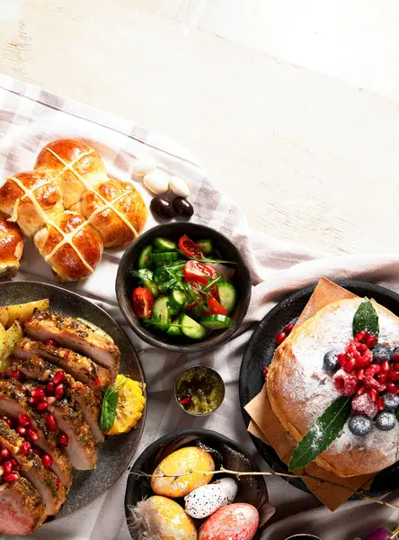 Joyeux Table Pâques Nourriture Traditionnelle Événement Concept Vacances Vue Dessus — Photo