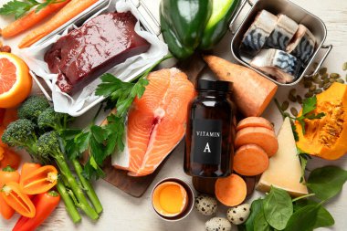 A vitamini seti. Sağlıklı kavram. Üst görünüm