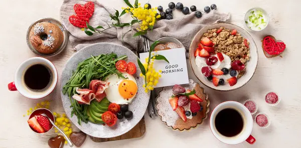 Healthy Breakfast Oatmeal Berries Egg Bacon Cup Coffee Good Morning — Stock Photo, Image