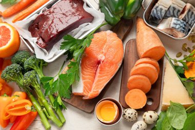 A vitamini seti. Sağlıklı kavram. Üst görünüm