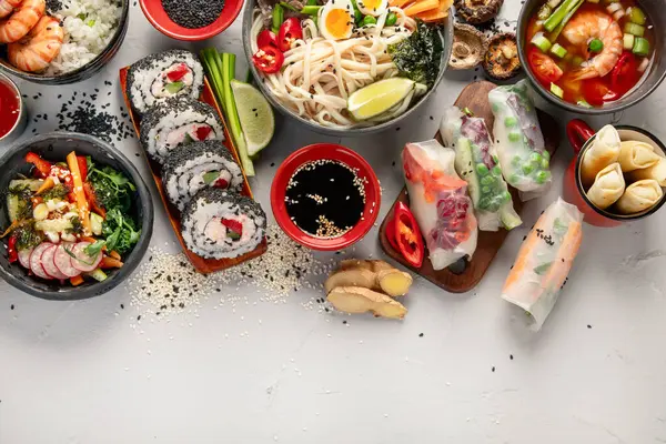 Various Asian Food Japanese Cuisine Set Sushi Ramen Spring Rolls — Stock Photo, Image