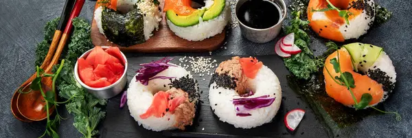 Sushi Donuts Dark Background Hybrid Trend Food Top View — Stock Photo, Image