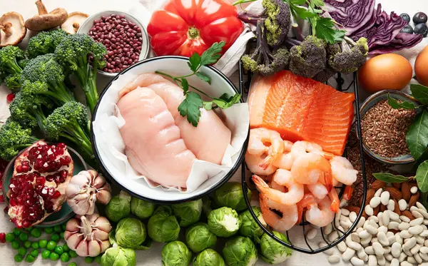 Vyvážená Strava Potraviny Pozadí Zdravý Výběr Jídla Detox Čistý Dietní — Stock fotografie