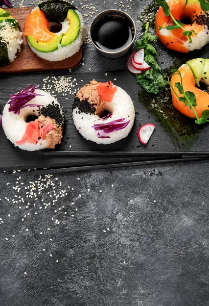 Sushi Donuts Dark Background Hybrid Trend Food Top View Copy — Stock Photo, Image
