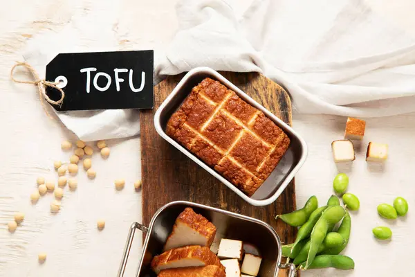 Mâncare Soia Brânză Tofu Coaptă Tablă Soia Produs Vegan Vedere — Fotografie, imagine de stoc