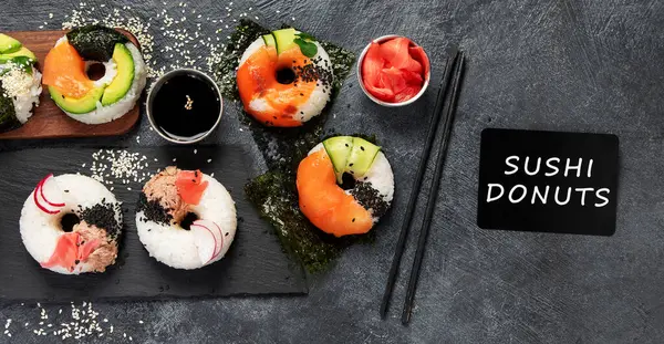 Sushi Donuts Dark Background Hybrid Trend Food Top View Banner — Stock Photo, Image