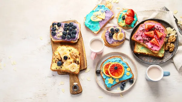 Sweet Breakfast Cup Cocoa Toast Cream Cheese Banana Strawberries Blueberries — Stock Photo, Image