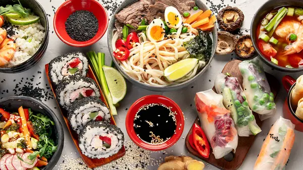 Various Asian Food Chinese Vietnamese Cuisine Set Noodles Rice Dumplings — Stock Photo, Image