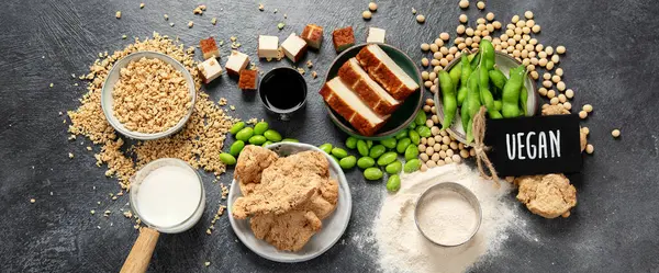 Soy Products Black Background Vegan Healthy Food Top View Panorama Stock Photo