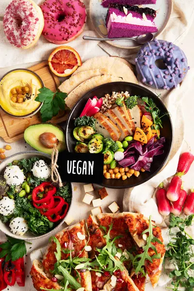Vegan Φαγητό Ξύλινο Φόντο Υγιές Και Νόστιμο Δεκατιανό Άνω Όψη Royalty Free Εικόνες Αρχείου