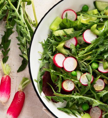 Karahindiba yapraklı bahar vejetaryen salatası, turp, ahşap kaplama salatalık. Üst görünüm, alanı kopyala