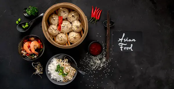 Chinese Hot Food Dumplings Soy Sauce Shrimp Black Background Traditional — Stock Photo, Image