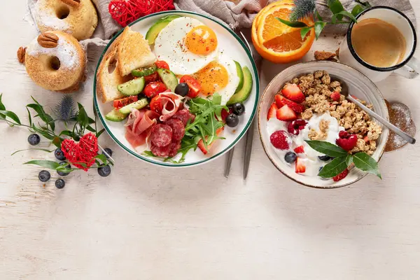 Healthy Breakfast Oatmeal Berries Egg Bacon Cup Coffee Good Morning Stock Picture