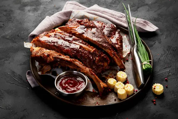 Hot Grilled Spare Ribs Summer Bbq Served Plate Sauce Top Stock Picture