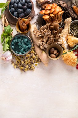 Sağlıklı doğal adaptojen. Bitkiler, baharatlar, hafif arka planda mantarlar. Sinir gıdası koleksiyonu. Üst görünüm, alanı kopyala