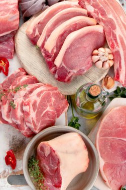 Açık gri arka planda çiğ domuz eti çeşitleri. Organik gurme yemek konsepti. Üst manzara, düz uzanma