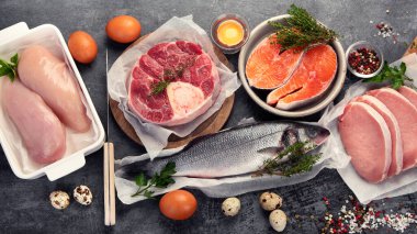 Karanlık arka planda etobur diyeti. Hayvansal gıdalar ve ürünler içeren diyet. Üst görünüm, düz görünüm, Spac kopyala