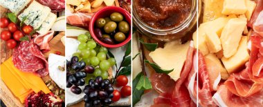 Tablet tabağında sunulan mezelerin kolajı. Peynir, fuit ve et.