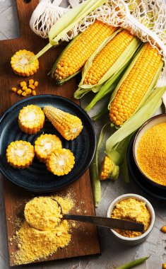 Mısır koçanları ve mısır homurdanmaları gri arka planda. Yemek konseptini hasat et. Üst görünüm, düz görünüm, kopyalama alanı