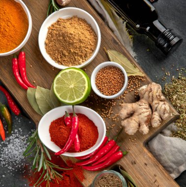 Gri arka planda çeşitli baharatlar. Geleneksel baharat konsepti. 