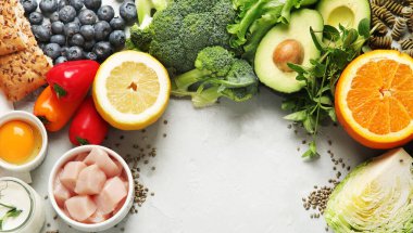 Dash flexitarian Akdeniz diyeti. Sağlıklı gıda konsepti. Düz konum, üst görünüm, kopyalama alanı