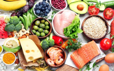 Sağlıklı yemek çeşitleri. Diyet konsepti. Üst manzara, düz uzanma