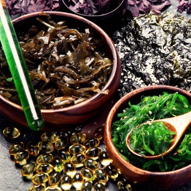 Esmer arka planda yosun çeşitleri. Sağlıklı atıştırmalıklar. Üst görünüm.