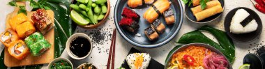 Hafif arka planda Japon yemek çeşitleri. Geleneksel gıda konsepti. Tabaklar ve aperatifler. Üst Manzara. Panorama.