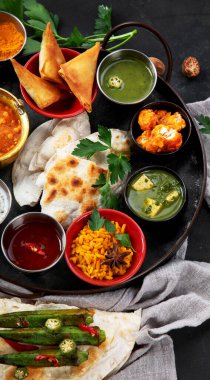 Hint Thali 'si karanlık arka planda. Geleneksel gıda konsepti. Organik gıda konsepti. Bulaşıklar ve aperatifler. Üst görünüm.