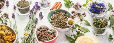 Beyaz arka planda bitki çayı çeşitleri. Doğal şifalı bitkiler. Üst Manzara. Panorama.