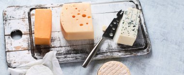 Köy tahtasında farklı peynir çeşitleri var. Kopya alanı olan bir panorama. Üst görünüm.