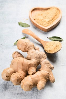 Gri arkaplanda taze zencefil kökü. Üst görünüm. 