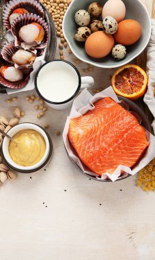 Alerji yemek konsepti. Çeşitli alerjik ürünler, kopyalama alanı