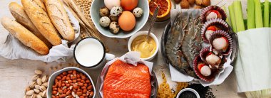 Alerji yemek konsepti. Çeşitli alerjik ürünler, Panorama, afiş