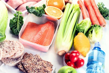 Sağlıklı beslenme planı. Diyet ve yemek planlama. Üst görünüm. 