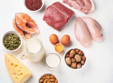 Yüksek proteinli yiyecekler. Üst görünüm Sağlıklı diyet konsepti 